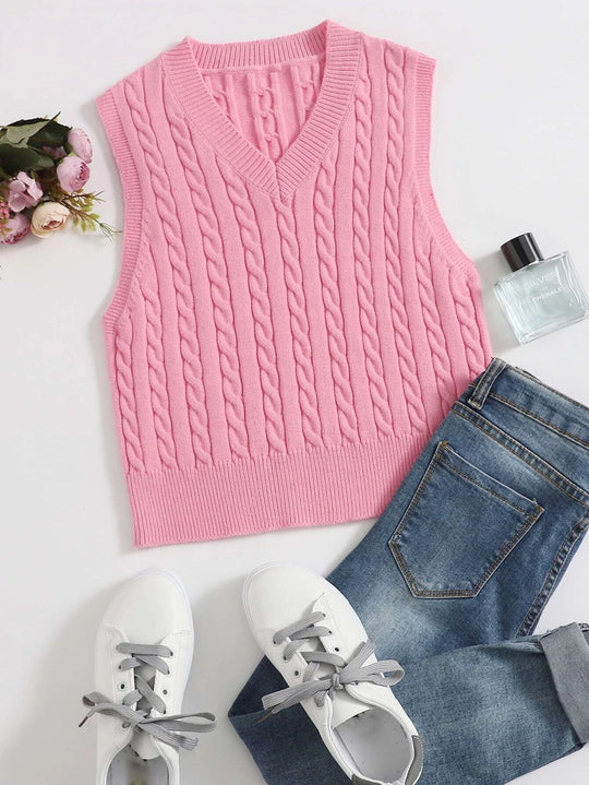 Damen Klassische Zopfmuster-Strickweste mit schmaler Passform und V-Ausschnitt Shop Nory