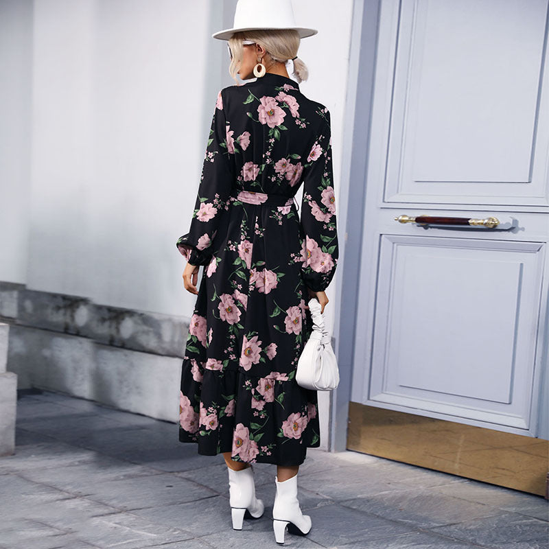 Damen Maxikleid mit Stehkragen, Blumenprint, Taillengürtel und Volantstufe Shop Nory