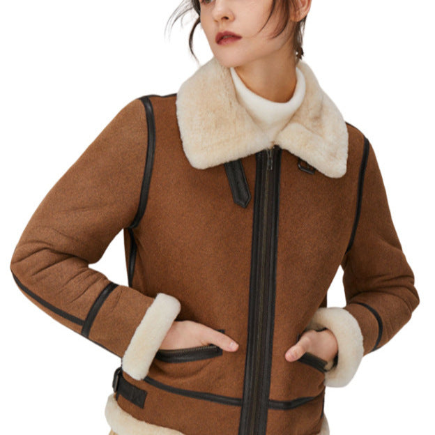 Damen Kurz geschnittene Aviator Lammfell‑Imitatjacke mit Teddyfutter und Kunstlederbesatz Shop Nory