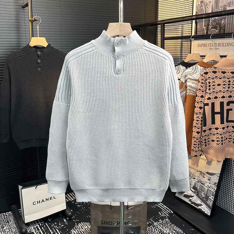 Herren Grobstrick-Pullover mit halber Knopfleiste und hohem Stehkragen Shop Nory