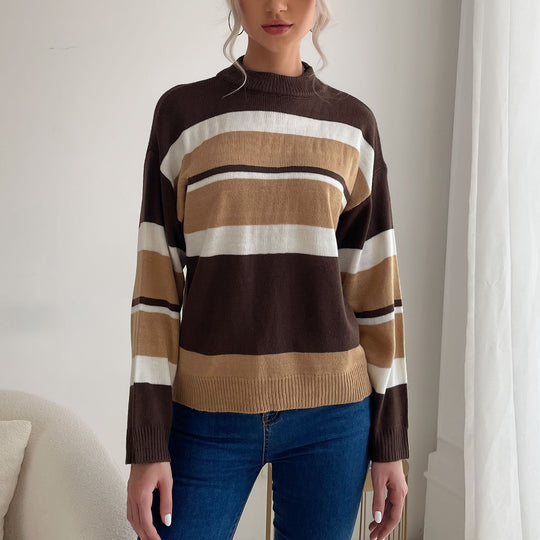 Damen Gestreifter Feinstrick-Pullover mit Stehkragen Shop Nory