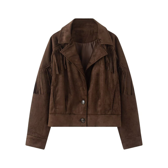 Damen Kurzjacke im Wildleder‑Look mit Fransenbesatz und Hemdkragen Shop Nory
