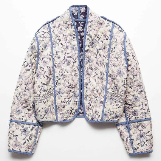 Damen Kurz geschnittene gesteppte Blousonjacke mit floraler Stickerei und Kontrastpaspel Shop Nory