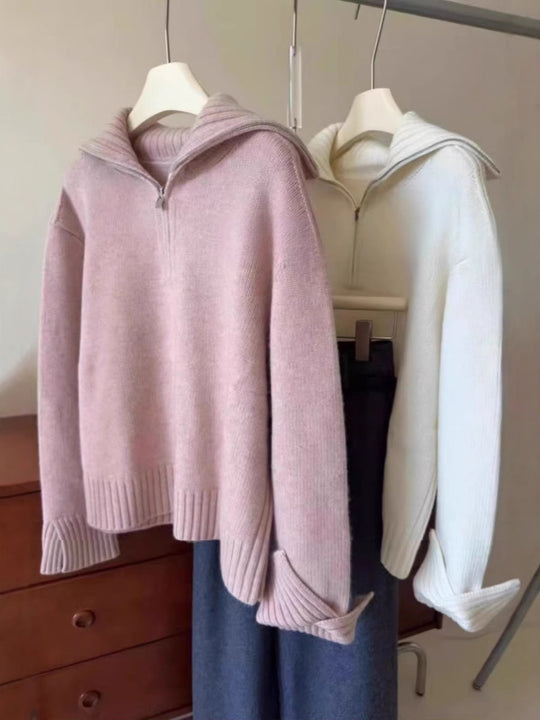 Damen Oversize Feinstrickpullover mit halbem Reißverschluss und weitem Rollkragen Shop Nory