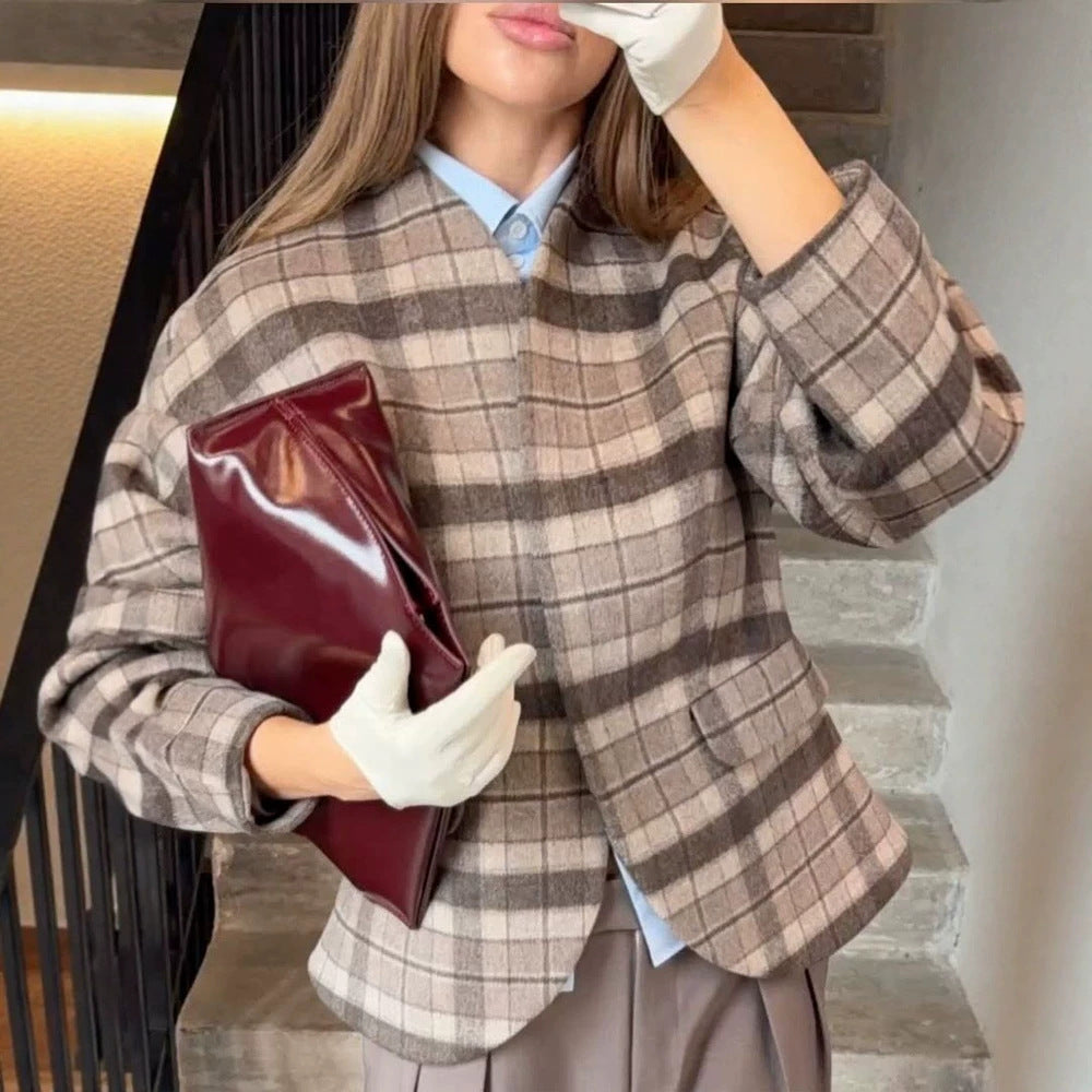 Damen Karierter Boxy‑Blazer mit voluminösen Ballonärmeln Shop Nory