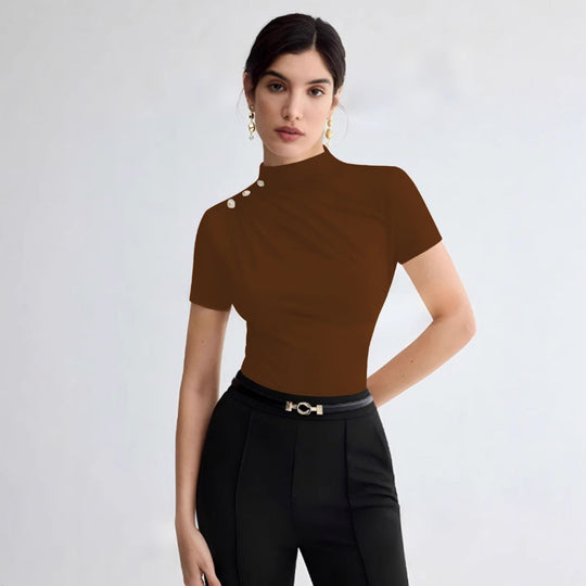 Damen elegantes Oberteil mit dekorativen Knopfdetails und modernem Stehkragen