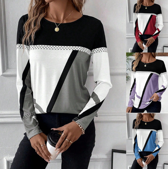 Damen Langarmshirt mit geometrischem Blockprint und Rundhalsausschnitt Shop Nory