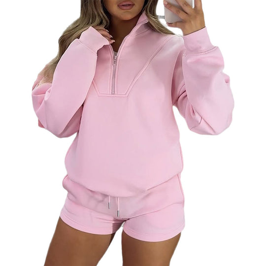 Damen nan lässiges Sweatshirt-Set mit halbem Reißverschluss, Kängurutasche und High-Waist-Shorts Shop Nory