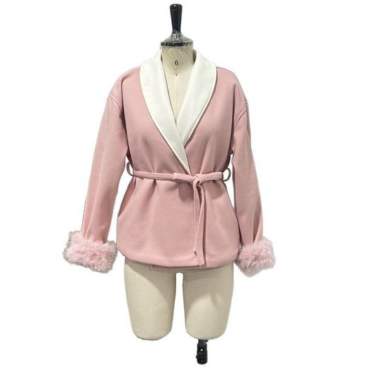 Damen Kurzmantel mit breitem Schalkragen, Bindegürtel und Fellmanschetten Shop Nory
