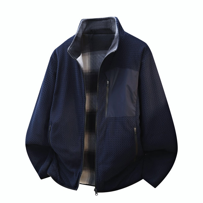 Herren Struktur-Fleecejacke mit Stehkragen, Kontrast-Brusttasche und Zwei-Wege-Reißverschluss Shop Nory