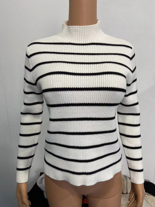 Damen Feinstrick-Pullover mit kurzem Stehkragen, Rippenstruktur und maritimen Streifen Shop Nory