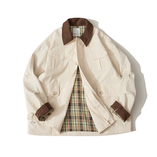 Herren Übergangs-Canvasjacke mit Cordkragen und kariertem Innenfutter Shop Nory