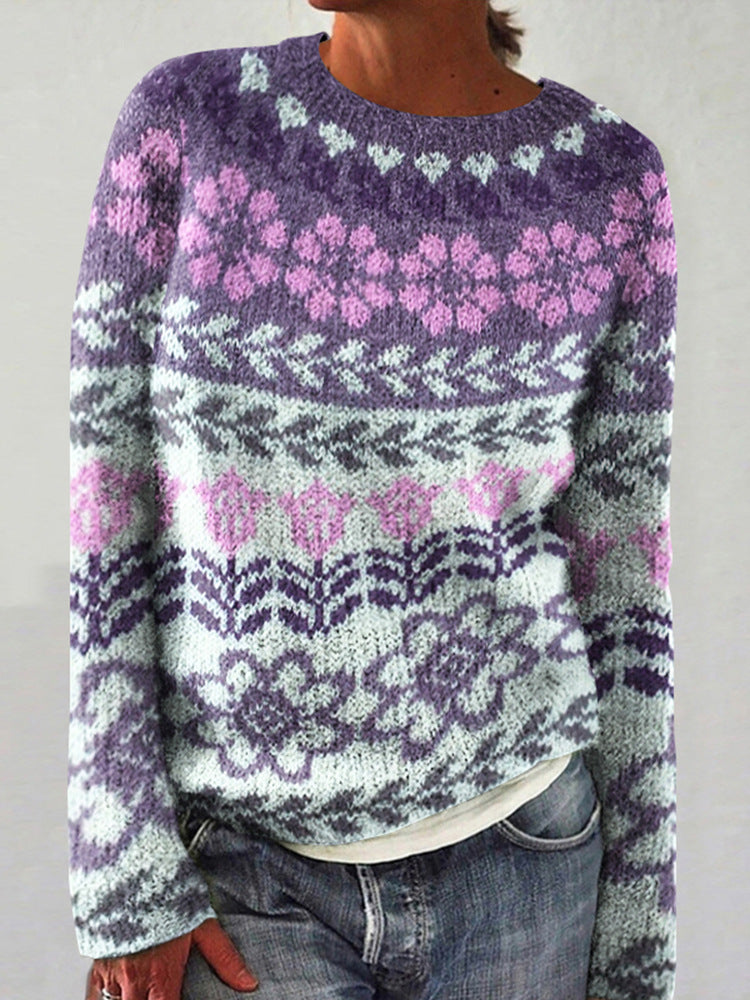 Damen nan melierter Rundhalsausschnittpullover mit kreisförmigem Jacquard-Yoke und geripptem Saum Shop Nory