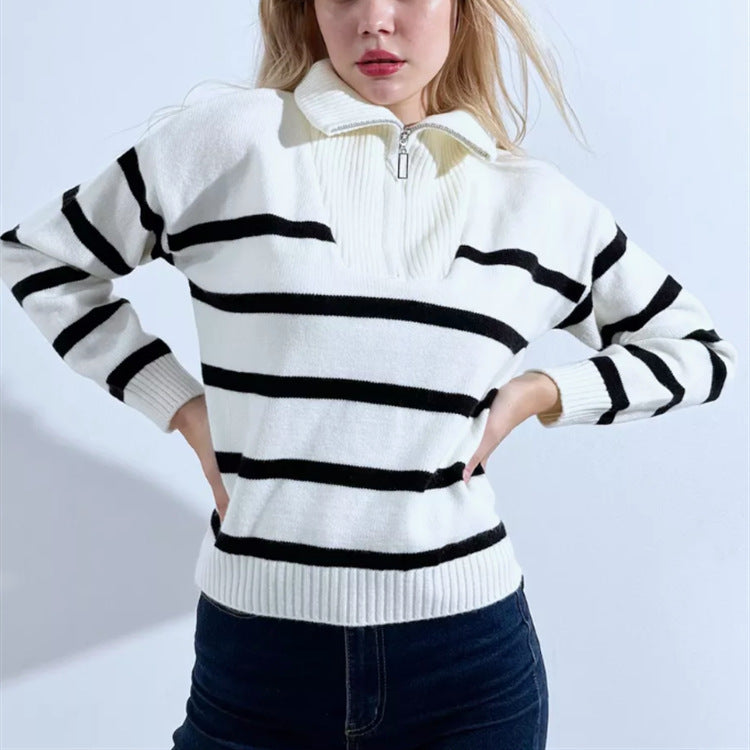 Damen Gestreifter Strickpullover mit kurzem Reißverschluss und Polokragen Shop Nory