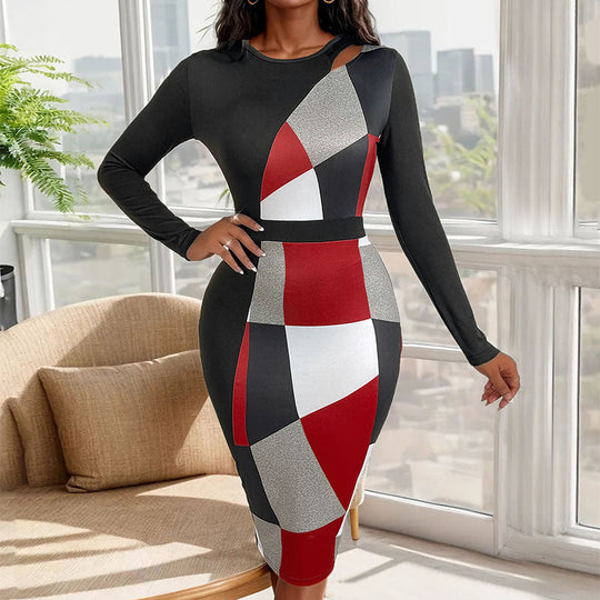 Damen Figurbetontes Midikleid mit grafischem Colorblock-Muster, Cut-Out-Schulter und taillierter Silhouette Shop Nory