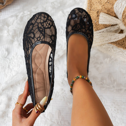 Damen Ballerinas mit zartem Häkelmuster und bequemem Fußbett