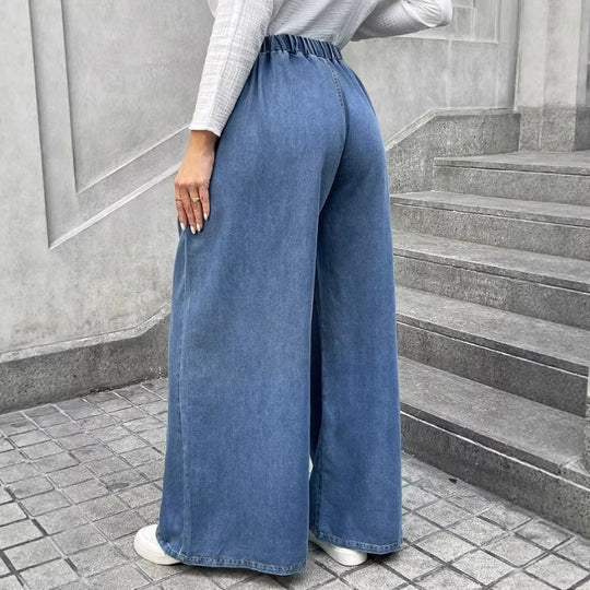 Damen Relaxte Palazzohose aus Denim mit Tunnelzugbund, Eingrifftaschen und extra weitem Bein Shop Nory