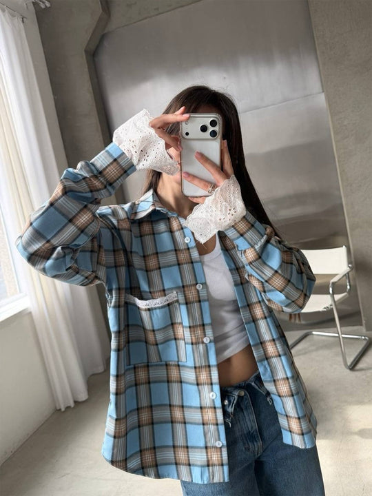 Damen Oversize-kariertes Flanellhemd mit Spitzenmanschetten und Zierpaspel Shop Nory