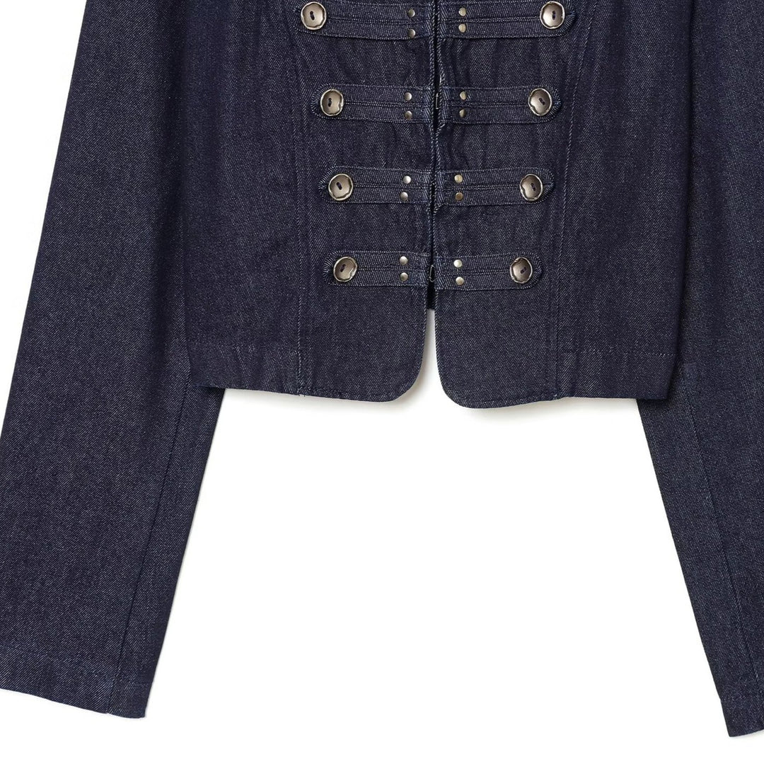 Damen Cropped Denim Militärjacke mit Stehkragen und dekorativer Zierknopfleiste Shop Nory