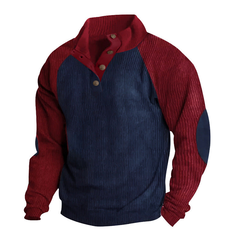 Herren Strukturiertes Raglan-Henley-Pullover mit Stehkragen, Ellenbogenpatches & Knopfleiste Shop Nory