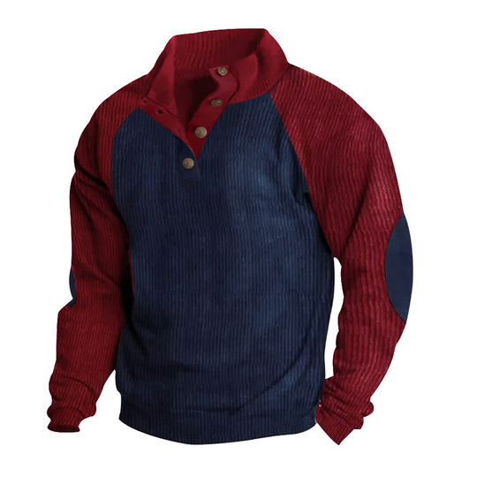 Herren Strukturiertes Raglan-Henley-Pullover mit Stehkragen, Ellenbogenpatches & Knopfleiste Shop Nory