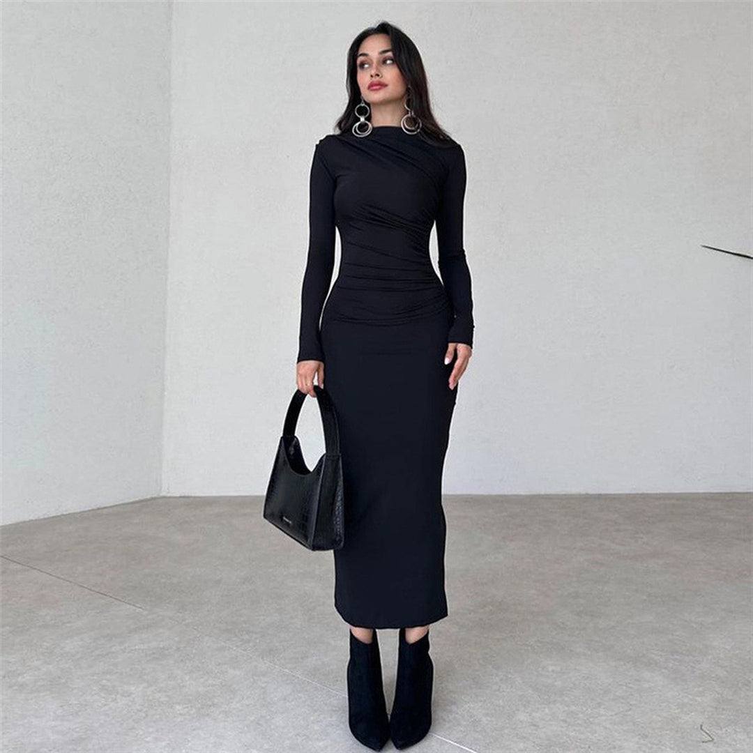 Damen figurbetontes Maxikleid mit hohem Kragen und seitlicher Raffung Shop Nory