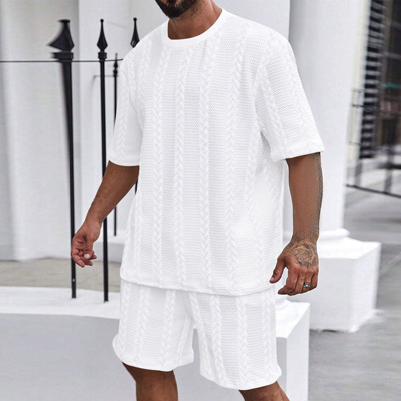 Herren nan entspanntes Zopfstrick-Freizeitset mit weitem Kurzarmshirt und elastischer Bermuda