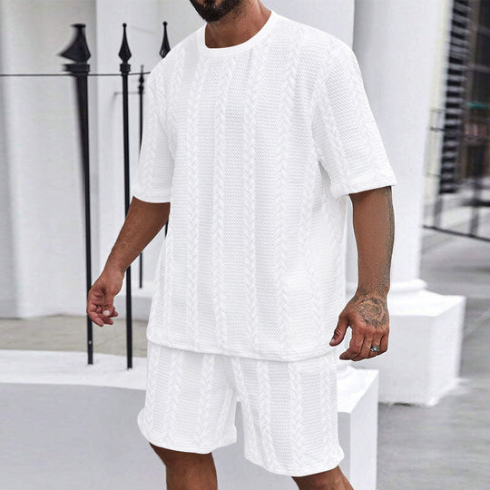 Herren nan entspanntes Zopfstrick-Freizeitset mit weitem Kurzarmshirt und elastischer Bermuda
