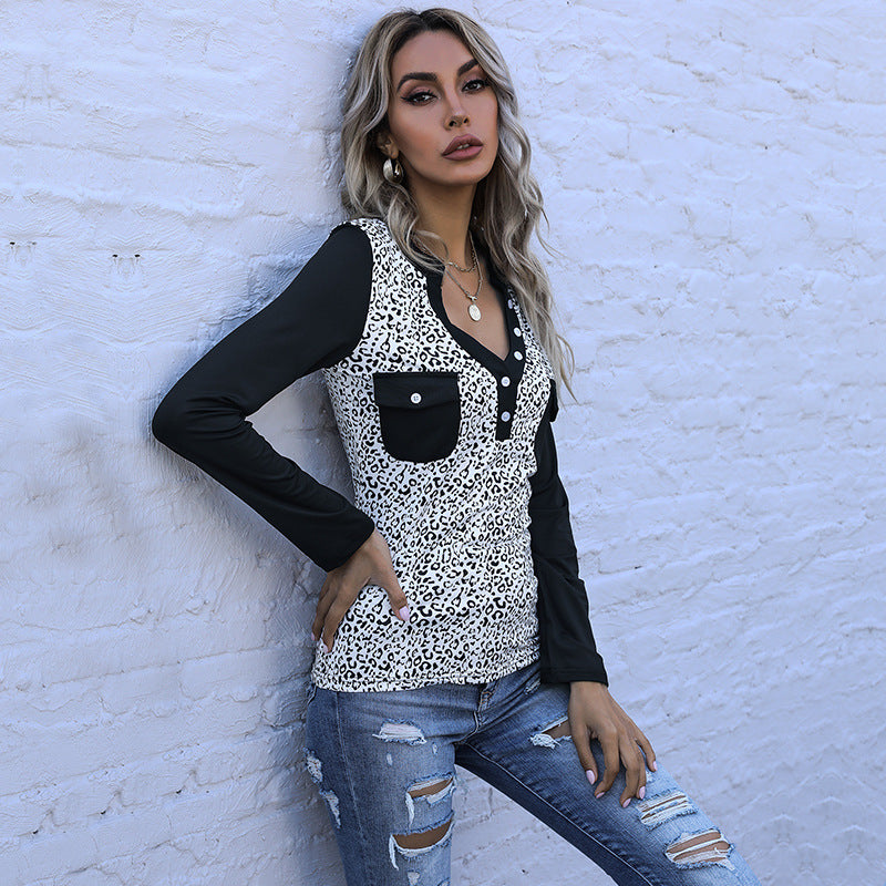 Damen Langarmshirt im Animal-Print mit kontrastierenden Ärmeln, Knopfleiste und Brusttaschen Shop Nory