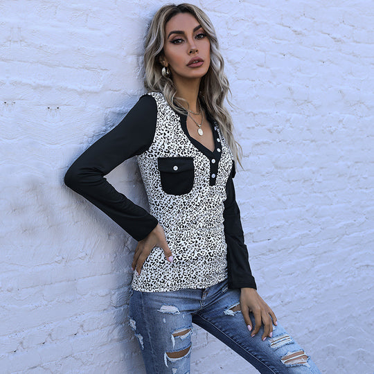Damen Langarmshirt im Animal-Print mit kontrastierenden Ärmeln, Knopfleiste und Brusttaschen Shop Nory