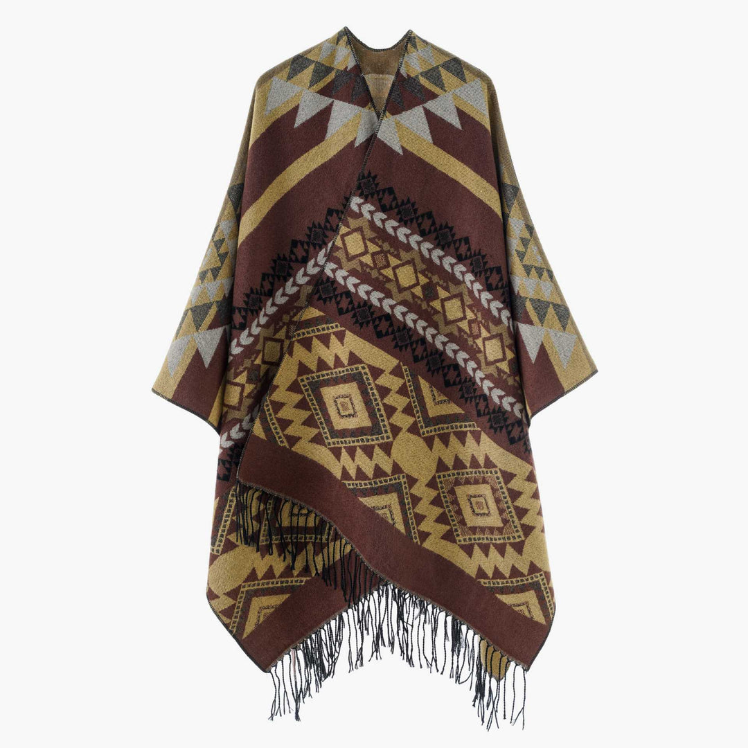 Damen Oversize Jacquard‑Überwurf im Ethno‑Muster mit Fransen Shop Nory