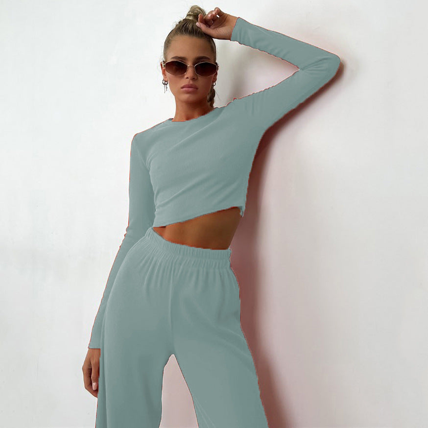 Damen geripptes Cropped-Langarmshirt mit taillenhoher Wide-Leg Loungehose Set Shop Nory