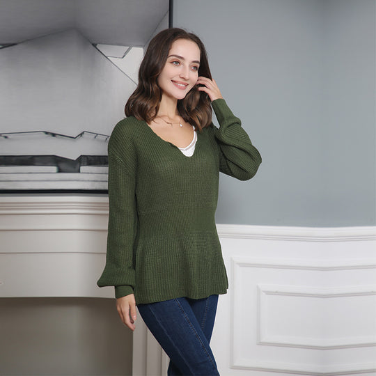 Damen Lockerer Feinstrick-Pullover mit V-Notch-Ausschnitt, Tailliertem Rippbund und Ballonärmeln Shop Nory