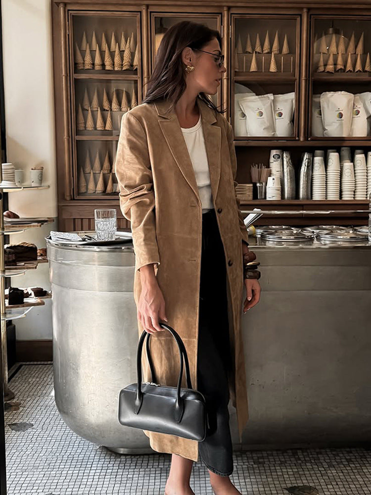 Damen Langmantel aus Veloursleder‑Optik mit schmalem Revers und cleanem Schnitt Shop Nory