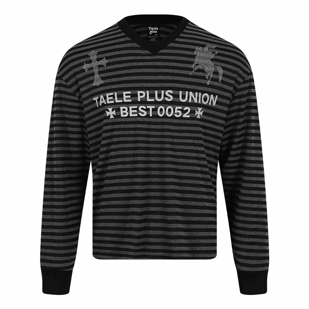 Unisex Gestreifter Langarm-Pullover mit V-Ausschnitt und Strassapplikationen Shop Nory