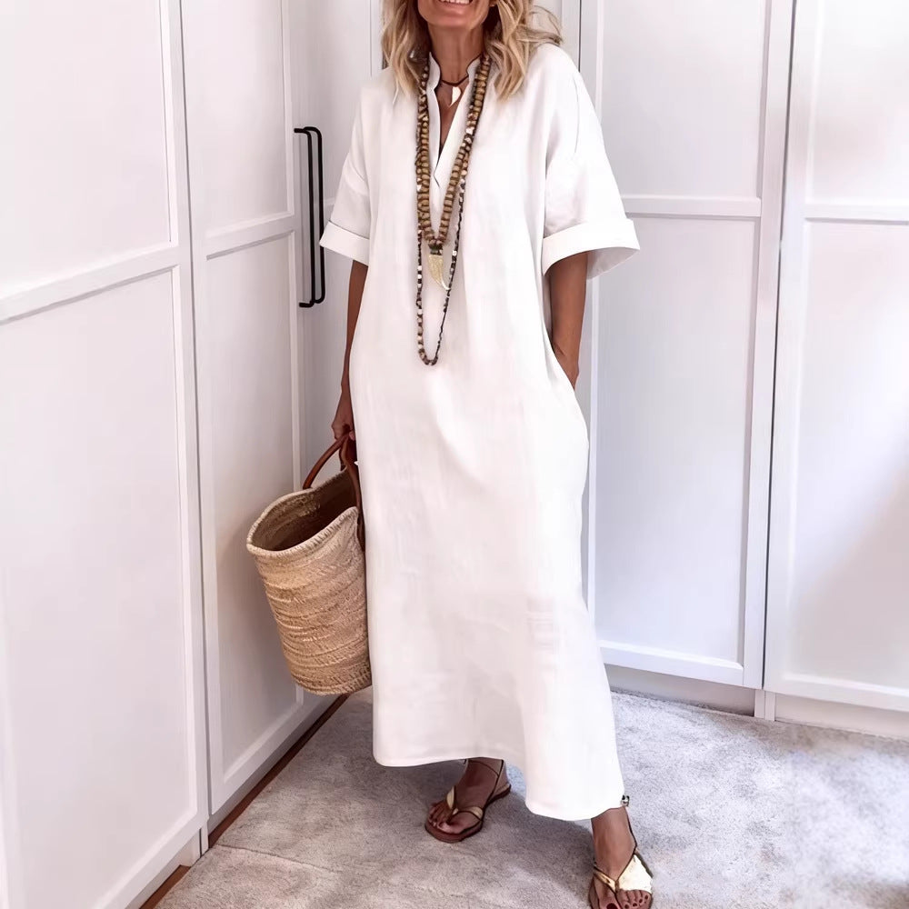 Damen Leinen Maxikleid mit V-Ausschnitt und praktischen Taschen