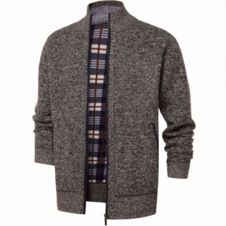 Herren gebürstete Strickjacke mit kariertem Thermofutter und Stehkragen Shop Nory