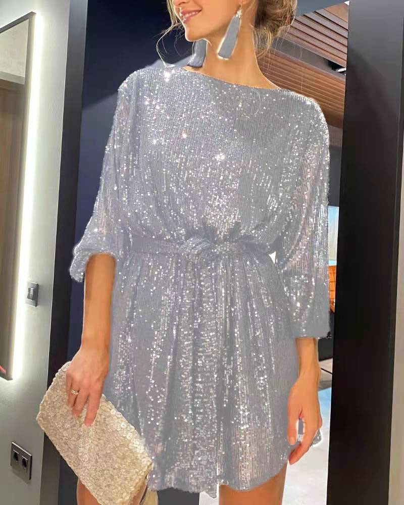 Damen Glamouröses Cocktailkleid mit funkelnden Lurex-Fäden und elastischem Taillengürtel