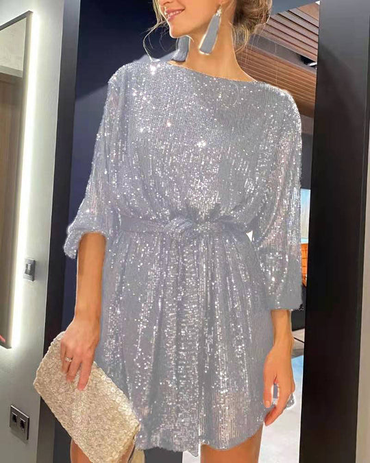 Damen Glamouröses Cocktailkleid mit funkelnden Lurex-Fäden und elastischem Taillengürtel