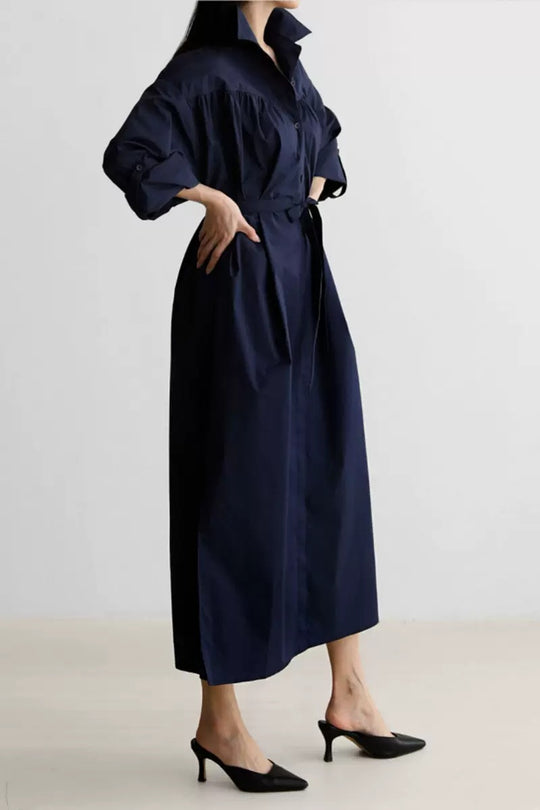 Damen Langärmliges Hemdblusen‑Maxikleid mit strukturierter Schulterpasse und Bindegürtel Shop Nory