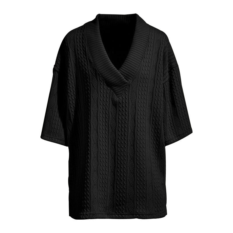 Damen Oversized Kurzarm-Strickpullover mit tiefem V‑Ausschnitt und Zopfmuster Shop Nory