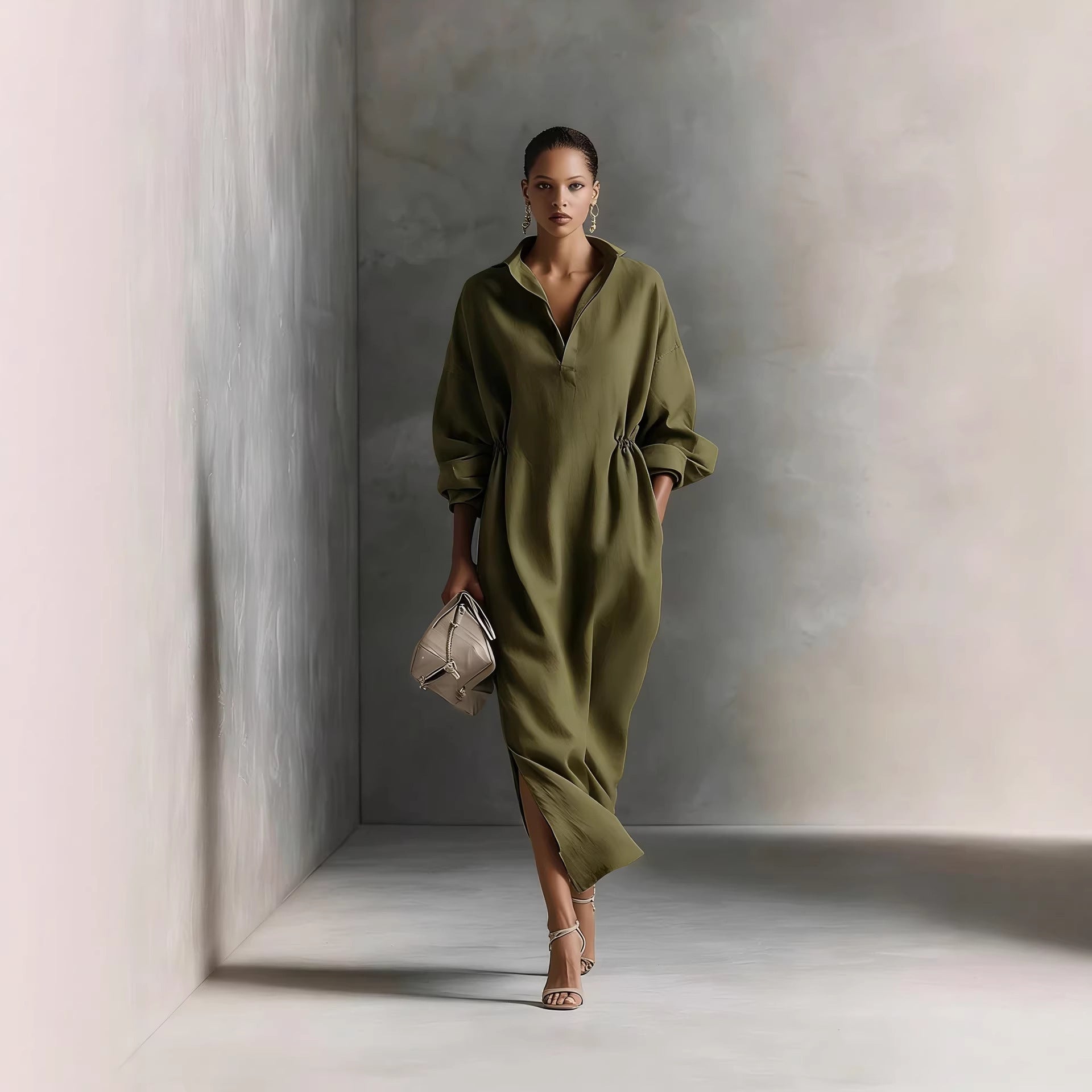 Damen stilvolles Midikleid mit Bindegürtel und klassischem Kragen
