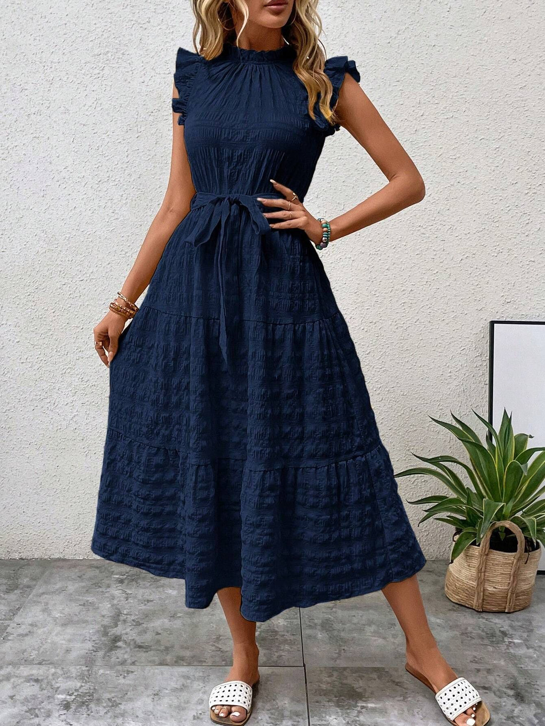 Damen Midikleid mit Stehkragen, Rüschenärmeln und Taillengürtel Shop Nory