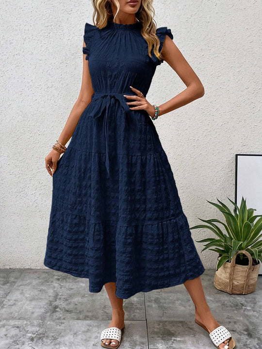 Damen Midikleid mit Stehkragen, Rüschenärmeln und Taillengürtel Shop Nory