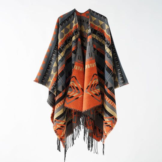 Damen Geometrisch gemusterter Wollmix‑Poncho mit Zipfel und Fransen Shop Nory