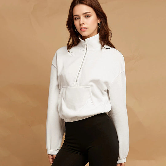 Damen halbzip Cropped Sweatshirt mit hohem Stehkragen, Kängurutasche und elastischem Saum Shop Nory