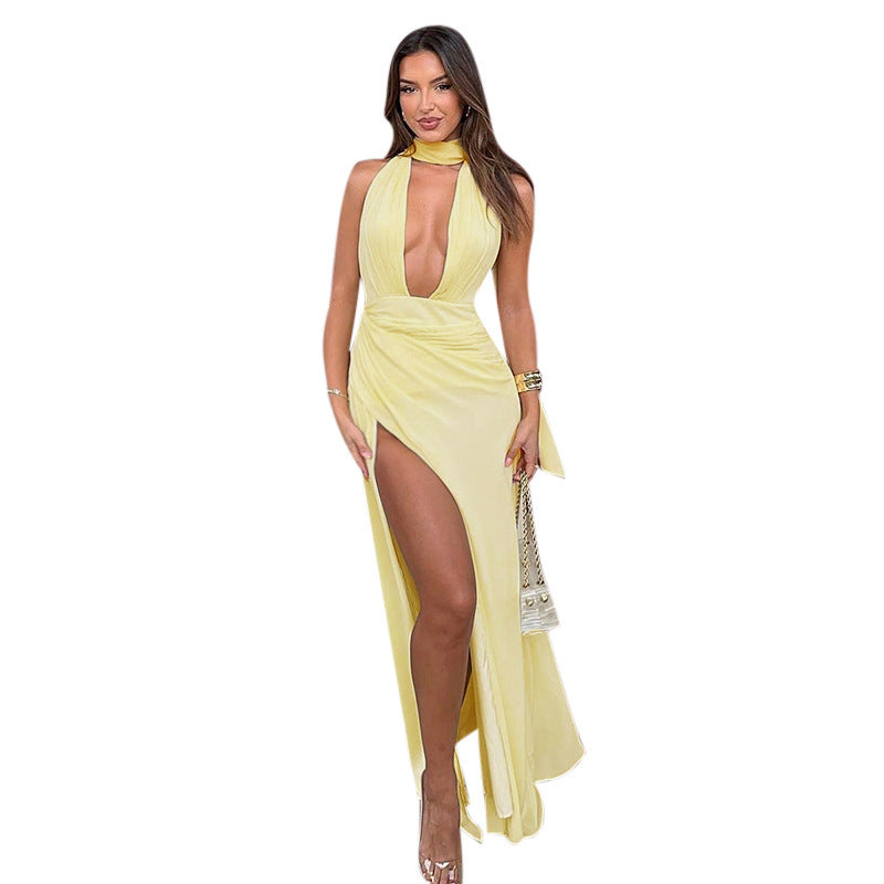 Damen Elegantes Maxikleid mit tiefem V-Ausschnitt und hohem Schlitz