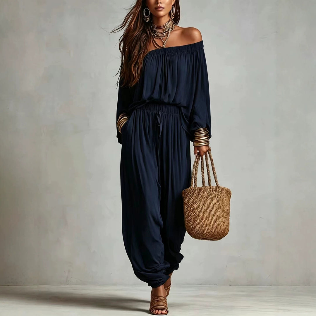 Damen Off-Shoulder Jumpsuit mit elastischem Taillenbund und weitem Plissee-Hosenbein Shop Nory