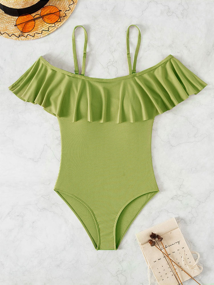 Damen Eleganter Badeanzug mit Volants und schulterfreier Ausschnitt