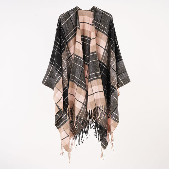 Damen Oversize-Wickelruana im Blockkaro mit Fransen-Detail Shop Nory